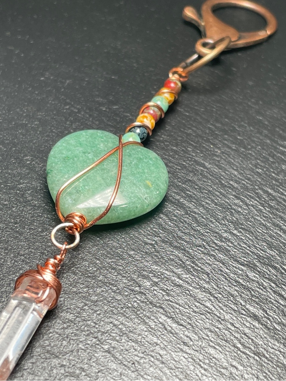 Handmade Aventurine Heart Keychain with Clear Quartz Point